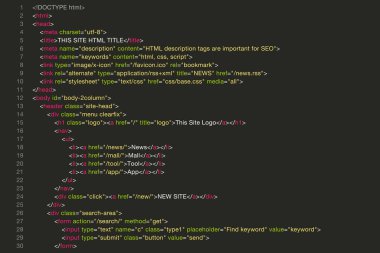 Ana sayfanın HTML kaynak kodu, kodlama ekranının vektör illüstrasyon materyali