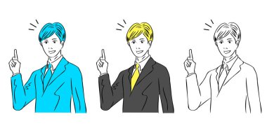 İş adamı önerilen bir noktayı işaret ediyor. Vektör manga tarzı resimleme materyali