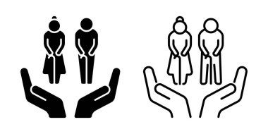 Hands of home helpers who care for the elderly and elderly couples. Vector icon material set black and white