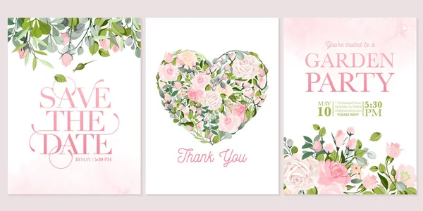 病媒秋季婚礼请贴卡片模板集 郁郁葱葱的落叶 粉红和象牙玫瑰 白色海葵花花束装饰水彩画风格的框架 可编辑的和孤立的 — 图库矢量图片