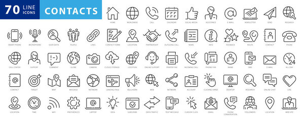 Свяжитесь с нами по телефону. Свяжитесь с нами иконки в стиле линии. Chat, support, message, phone, globe, point, chat, call, info - stock vector