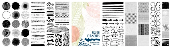 Conjunto Elementos Pincel Dibujados Mano Texturas Patrones Elementos Gráficos Conceptos — Archivo Imágenes Vectoriales