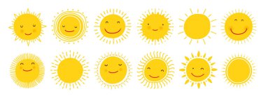 El Kaplama Güneş Simgeleri. Tam Vektör karalama çizim seti