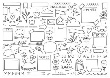 Mermi günlüğü planlayıcı, defter ve günlük için el çizimi vektör ögeleri. Beyaz arkaplanda karalama pankartları var. Notlar, liste, çerçeveler, bölücüler, tasarım ögeleri