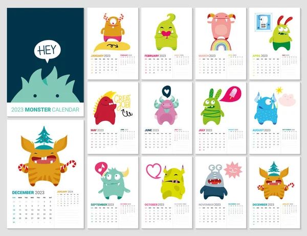 Colorido Calendario 2023 Ilustrado Con Pequeño Monstruo Lindo Para Cada — Vector de stock