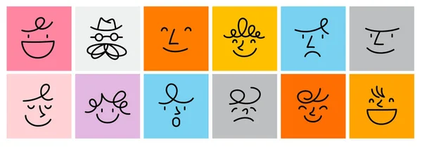 Quadratische Abstrakte Comic Gesichter Mit Verschiedenen Emotionen Zeichenstil Mit Buntstift — Stockvektor