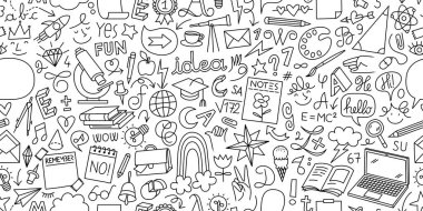 Okula geri dön, kusursuz desen. Okul malzemeleri ve yaratıcı unsurlarla el yazısı. Vektör illüstrasyonu