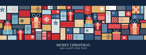 Coffrets Cadeaux Noël Motif Avec Des Rubans Style Doodle Dessiné — Image vectorielle