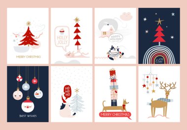 Yeni yıl kış tatili tebrik kartları ve Noel süslemeleri.