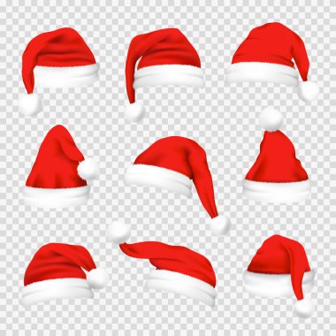 Noel Noel Baba şapkaları ayarlayın. Yeni yıl şeffaf arka plan üzerinde kırmızı şapka izole. Vektör çizim