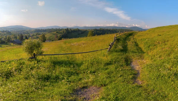 Summer panorama of Carpathians Mountains, with a fence from branches — Stock Photo, Image
