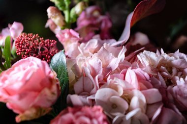 Gül buketi ve bahçeler. Siyah arka planda yakın plan. Sığ alan derinliği ve bulanık arkaplan.