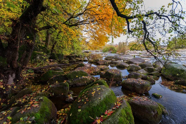 Rive de rivière d'automne avec de belles grandes pierres, ciel bleu et arbres — Photo