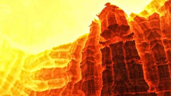 Illustrazione 3d, carta da parati sotto forma di fantastici montagne in fiamme, pendici di un vulcano con lava in fiamme — Foto Stock