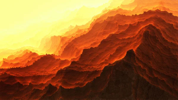 Ilustracja 3D, tapeta w postaci fantastycznych płonących zboczy gór, zbocza wulkanu z płonącą lawą — Zdjęcie stockowe