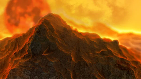 3d 삽화, 불타는 듯 한 산 허리 모양의 벽지, 용암이 타고 있는 화산의 비탈 — 스톡 사진