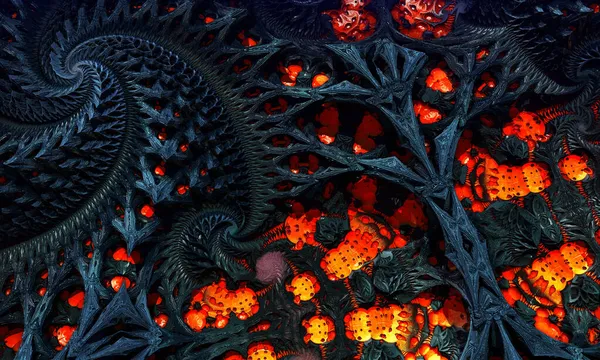 Ein einzigartiges Spiralfraktal in Form einer fantastischen Landschaft. 3D-Illustration — Stockfoto