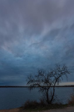 Gece geç saatlerde gölde. Ön planda ağaç dalları ile bulutlu ve bulutlu