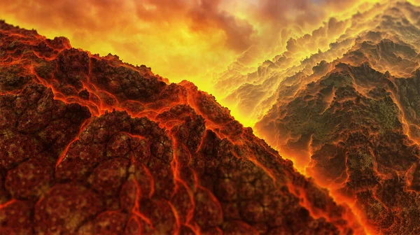 Уникальный фантастический пейзаж, горячие вулканические горы, лава и сияние. Иллюстрация — стоковое фото