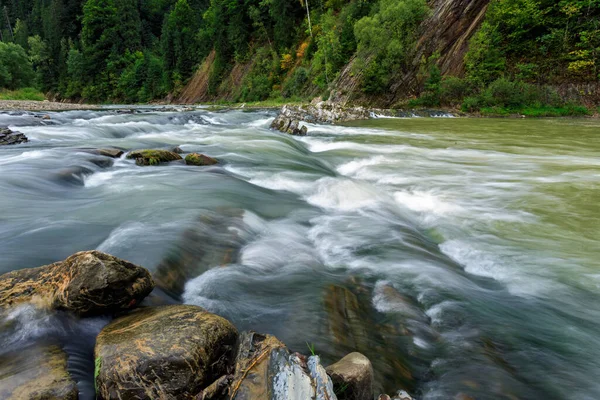 Long exposure of a mountain river with rocks from the bottom of the shot. With trees in the background — стоковое фото