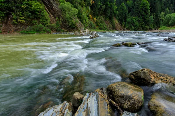 Long exposure of a mountain river with rocks from the bottom of the shot. With trees in the background — стоковое фото