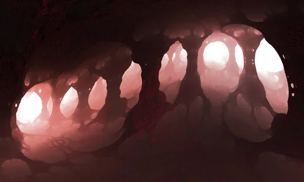 3D-Illustration. fantastische Höhle mit Säulen und Licht zwischen den Säulen — Stockfoto