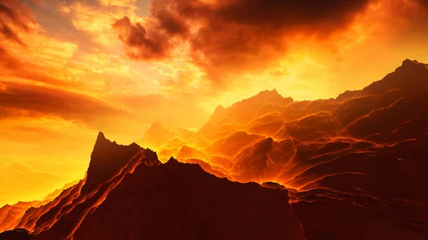 Fantastic unique sunset over volcanic hot rocks. 3d illustration — Foto Stock