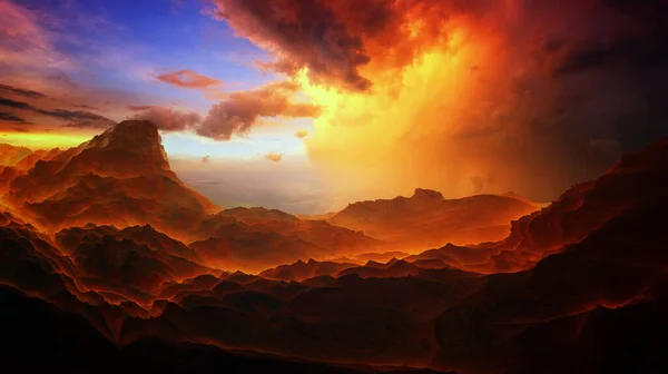 Unreal beautiful sunset over the mountains with a very beautiful sky. 3d illustration — Stock Fotó