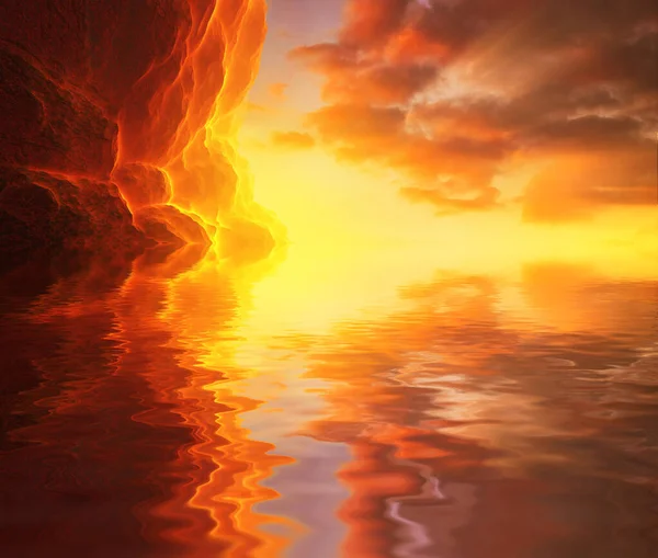 Fantastic sunset over the rocks against the sky and reflections in the water. 3d illustration — Stock Fotó