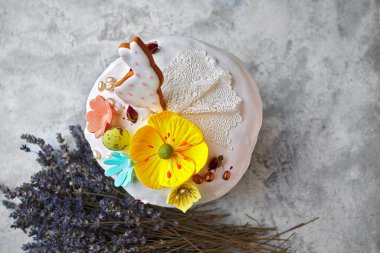 Decorative festive easter with easter bunny and lavender branches