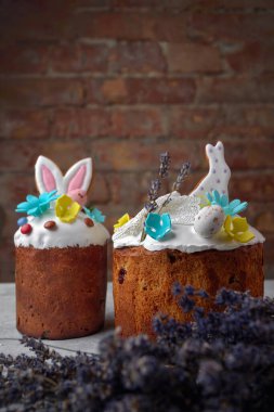 Decorative festive easter with easter bunny and lavender branches