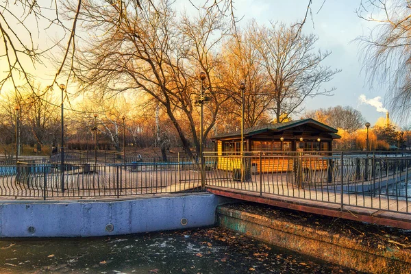 Winterlicher Stadtpark bei Sonnenuntergang und ein zugefrorener See mit Bäumen ohne Blätter — Stockfoto