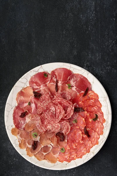 Sliced Meat White Plate Dark Background Sausage Jamon — Stock Photo, Image