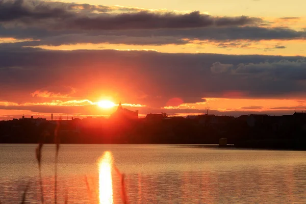 Bellissimo tramonto sul lago con silhouette di vegetazione — Foto Stock