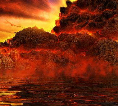 İnanılmaz manzara, volkanik kıyı, günbatımının ve uçan kuşların arka planına karşı, yansıması ve dalgaları olan su. 3d illüstrasyon