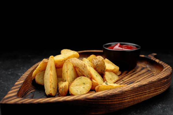 Fried Potato Wedges Ketchup Wooden Board Dark Background — Stock Photo, Image