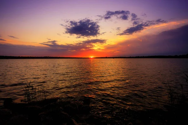 Beautiful Sunrise River Sunrise Part Shore Reeds — Stock Photo, Image