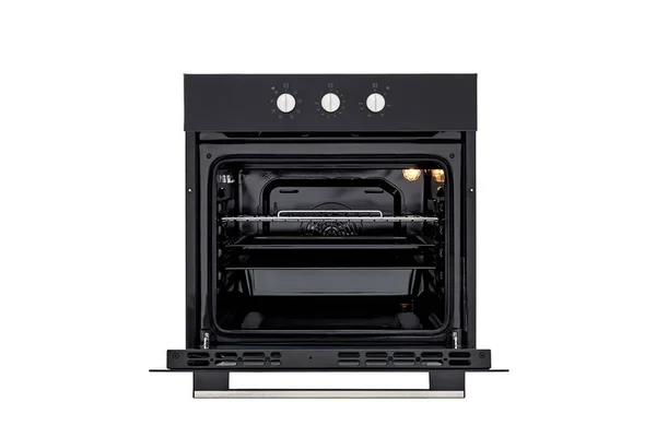 Horno Negro Con Puerta Abierta Tres Bandejas Vista Frontal Aislado — Foto de Stock