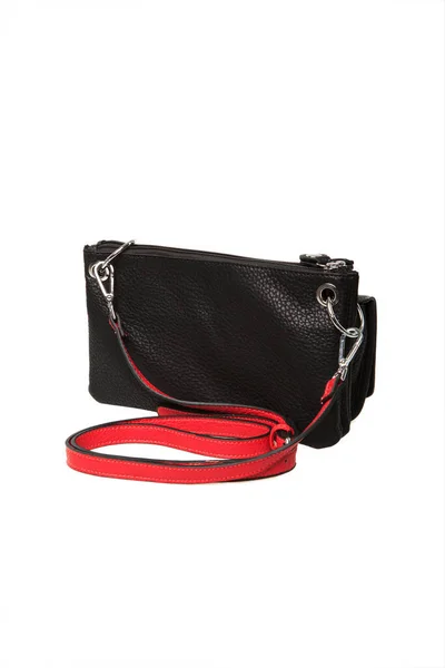 Bolso Cuero Negro Para Mujer Con Asas Rojas Aislado Sobre — Foto de Stock