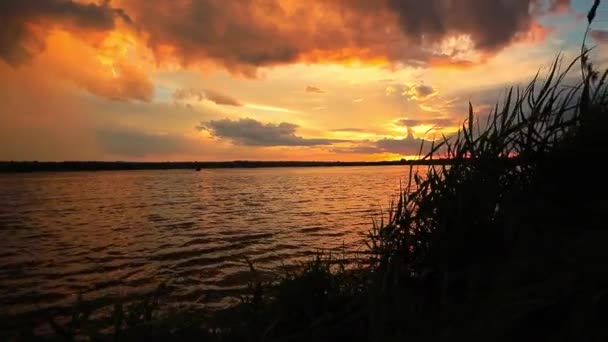 Fantastically Beautiful Sunrise River Orange Clouds Blue Sky — Stock Video
