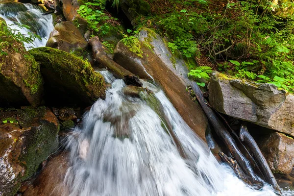 Горный Водопад Лесу Среди Больших Камней Длительное Воздействие — стоковое фото