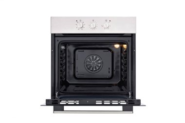 Gümüş kapaklı siyah fırın, üç kontrol düğmesi. Kapıyı aç. Ön görünüm