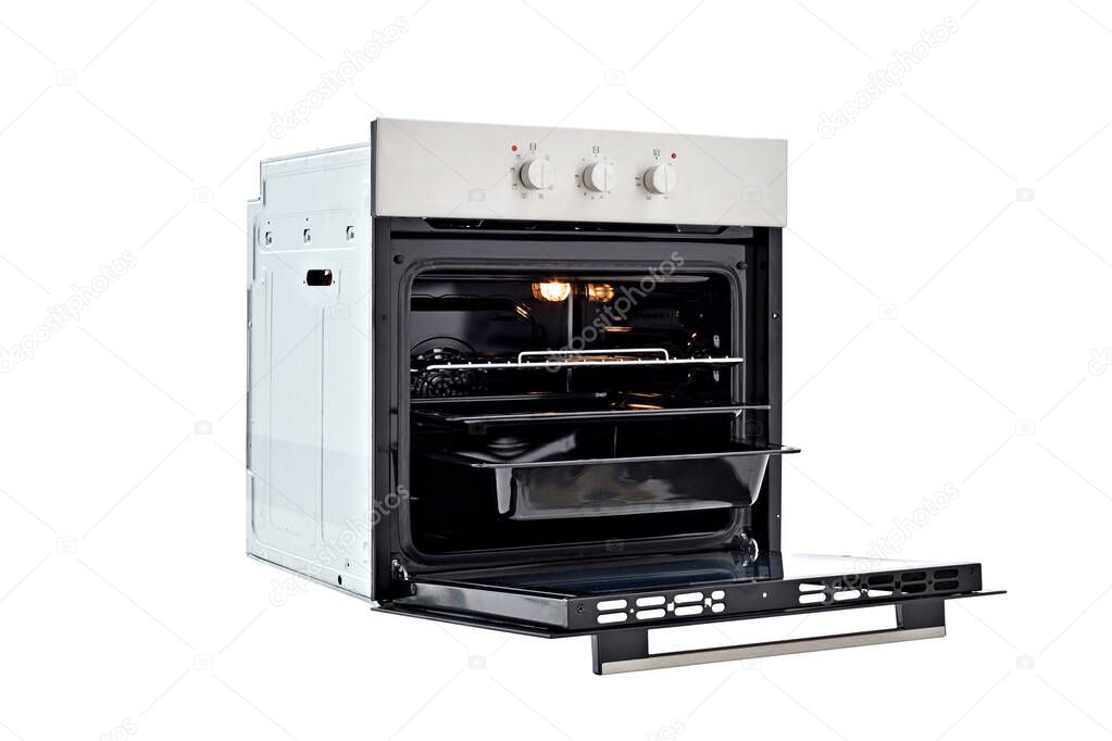 Black oven with silver top, three control knobs. Open door, three trays. 45 degree view