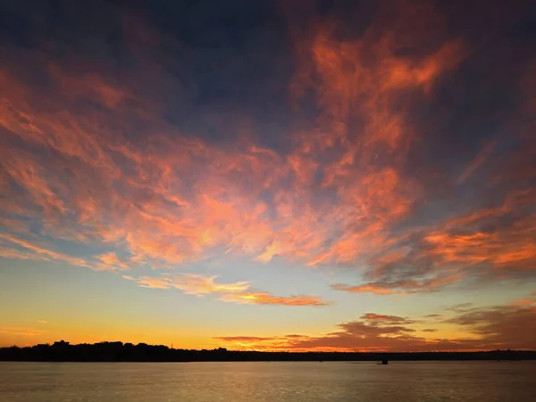 Sunrise Lake Reeds Foreground Red Orange Clouds Stock Picture