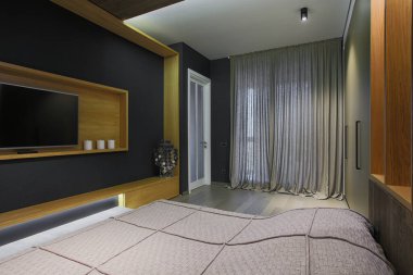 İnsansız bir yatak odasının içinde, modern tarzda. HDR