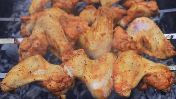 Raw Chicken Wings Skewers Fried Open Fire Open Air — Stock Video