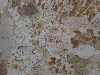 Kağıt kalıntıları, reklamlar ve harflerle dolu bir duvar parçası.