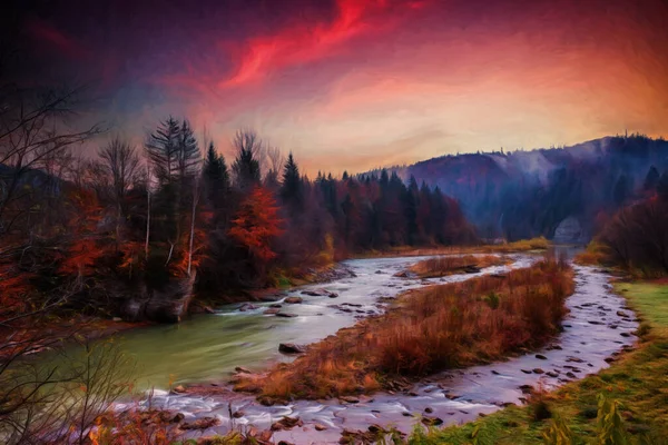 Avond Bergen Aan Oevers Van Rivier Illustratie — Stockfoto