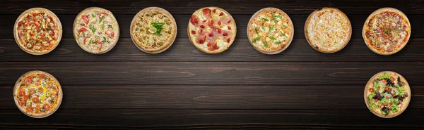 Different Pizza Wooden Background Banner Top View —  Fotos de Stock