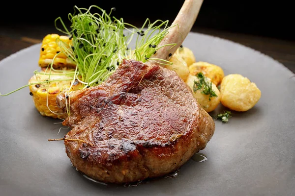 Veal Entrecote Potatoes Corn Plate Wooden Background — 스톡 사진